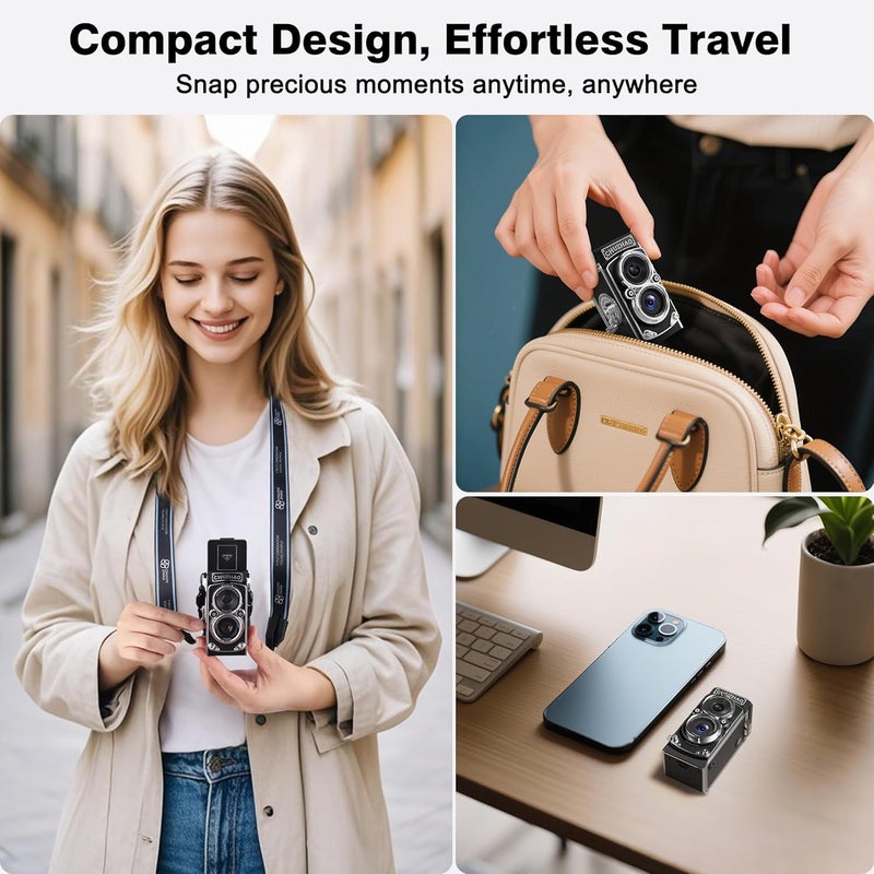 JOYTRIP CHUZHAO Vintage Mini Digital Camera, Portable TLR Style Retro Point and Shoot Compact Small Pocket 1080P FHD Video 12MP Autofocus Vlogging Camera with 16 GB Card for Beginners Teens Adults Black - Image 5